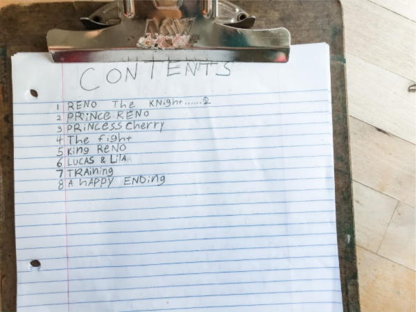 lined paper on clipboard with "contents" at top and 8 numbered chapter titles below