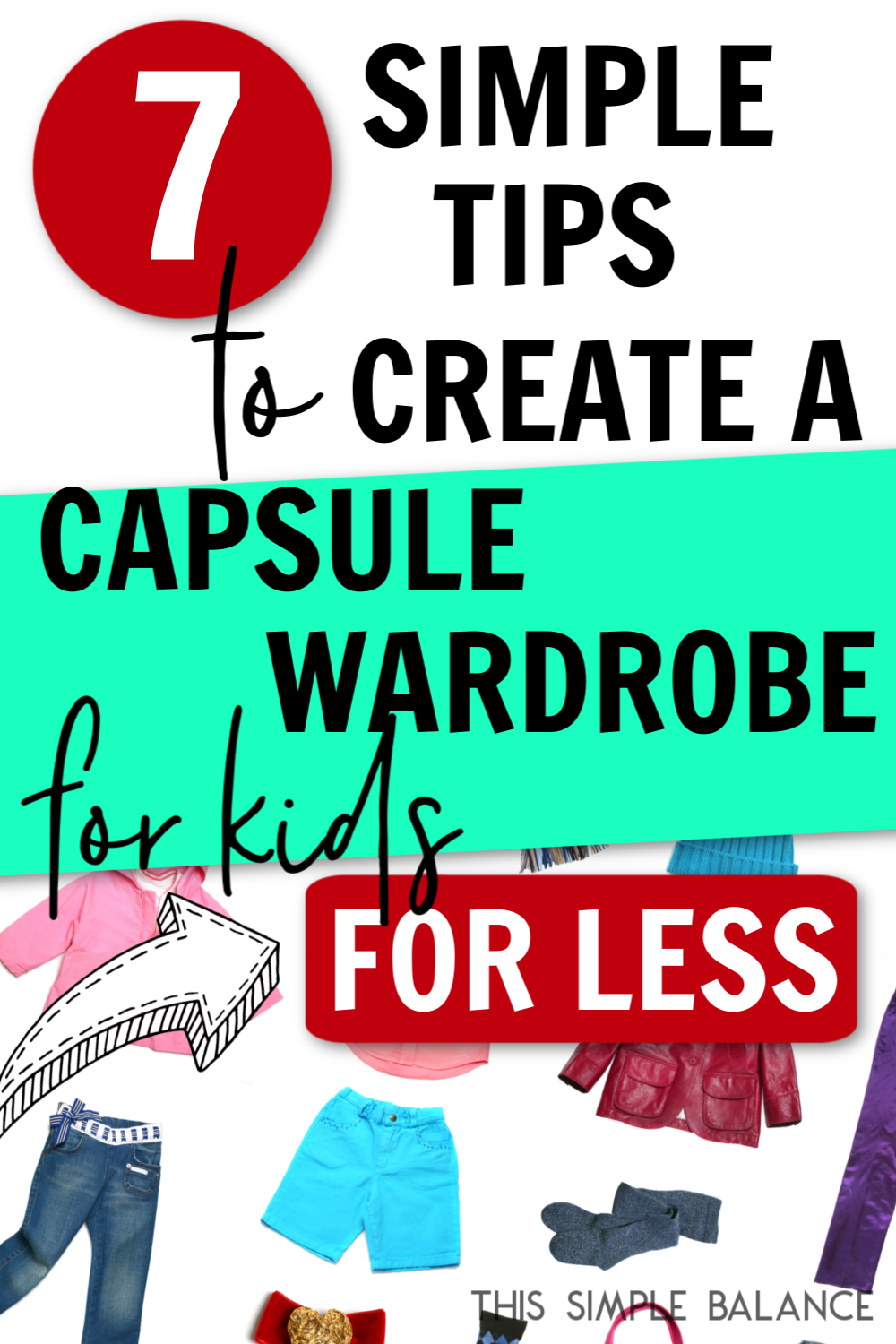 kids capsule wardrobe pieces on white background, with text overlay, "7 simple tips to create a capsule wardrobe for kids for less"