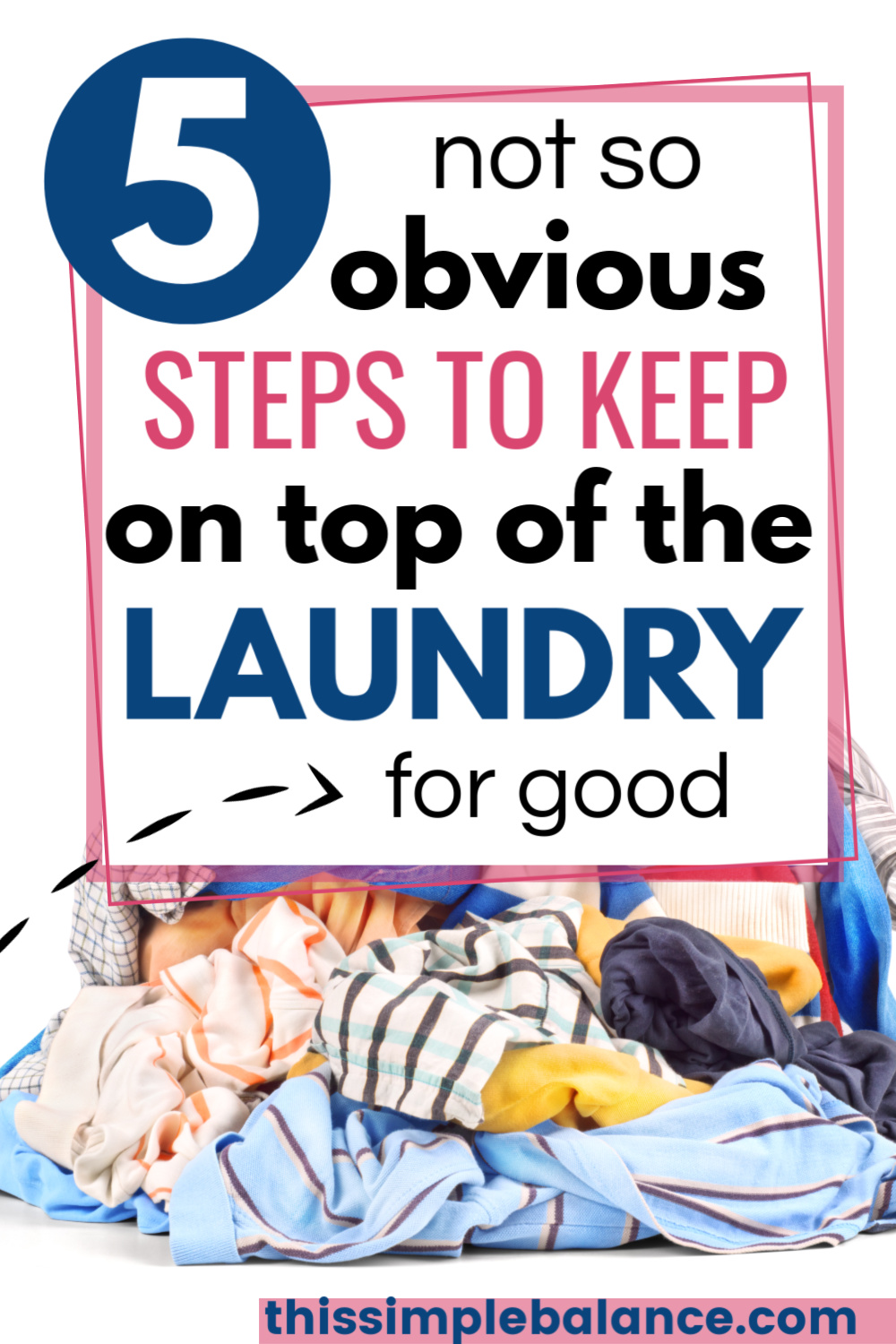 laundry piles, with text overlay, "5 not so obvious steps to keep on top of the laundry for good"