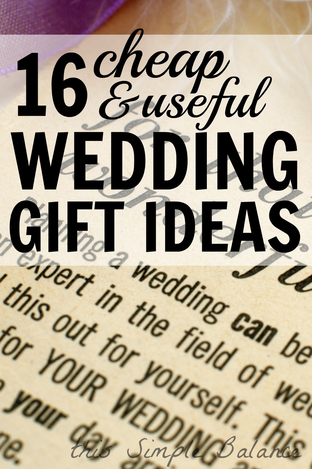 close-up of text about weddings, with text overlay "16 cheap & useful wedding gift ideas"