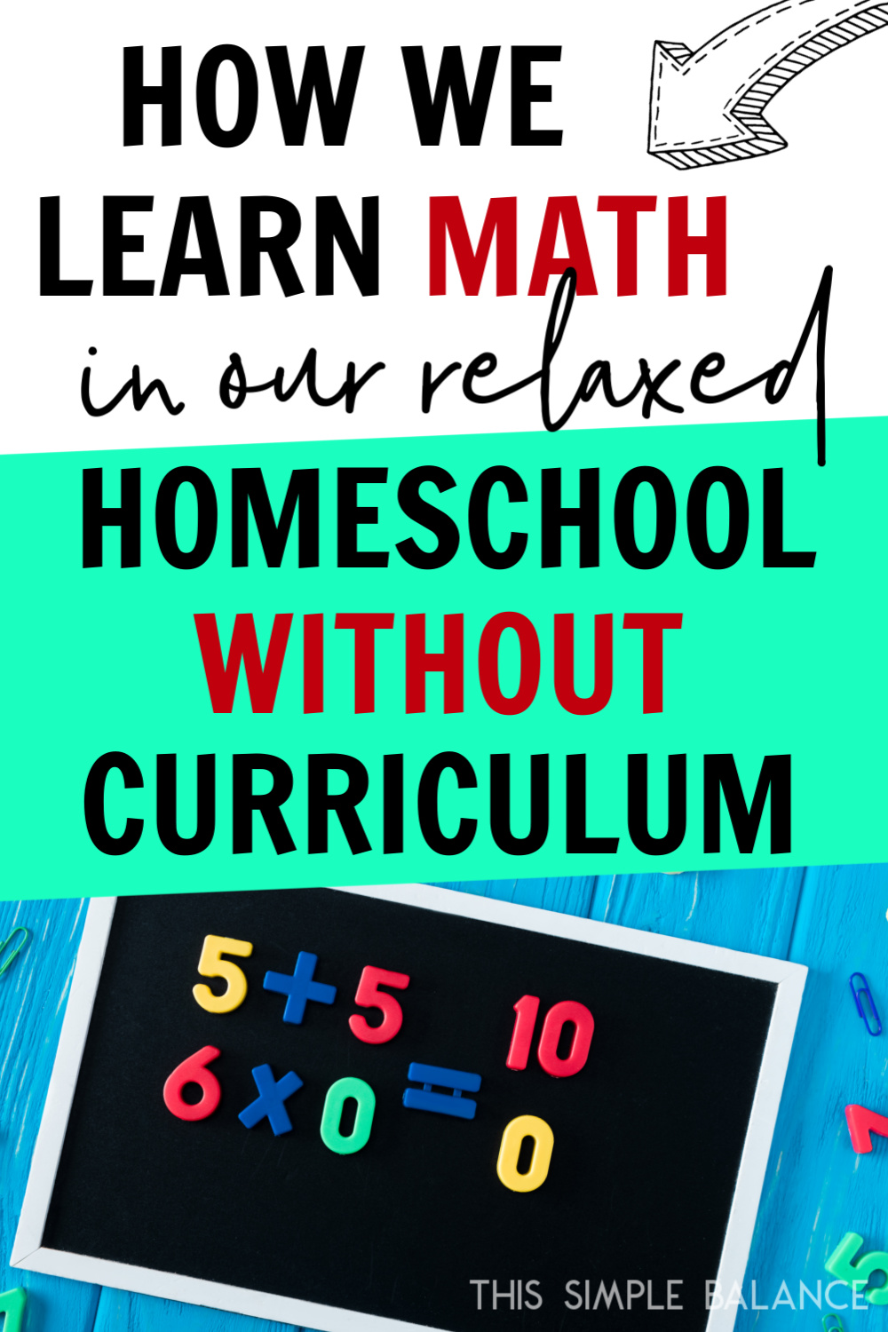 letterboard displaying math problems with colorful number tiles, with text overlay "how we learn math in our relaxed homeschool without curriculum"