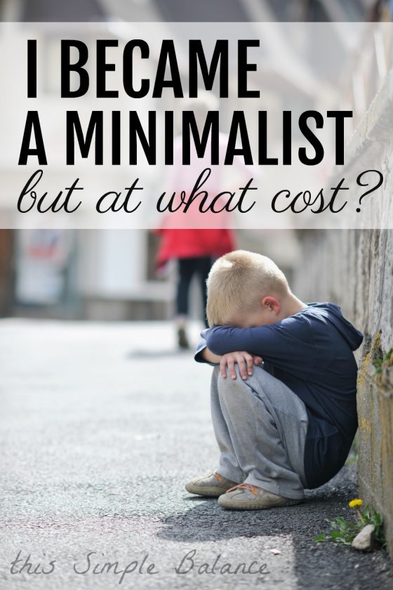 child sitting on the ground with head on knees, crying, mother in the background, with text overlay "i became a minimalist but at what cost?"