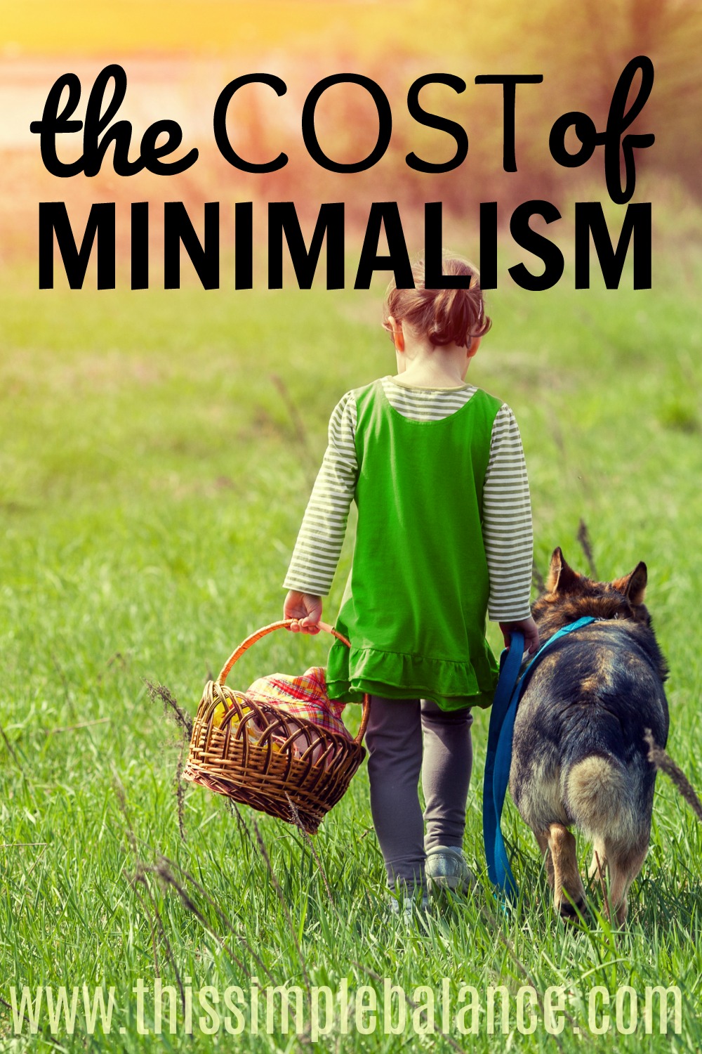 young girl in green dress walking through a field with a dog, carrying a basket, with text overlay "the cost of minimalism"