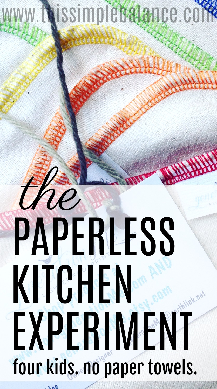 paperless towels with colorful borders, with text overlay "the paperless kitchen experiment - four kids, no paper towels"