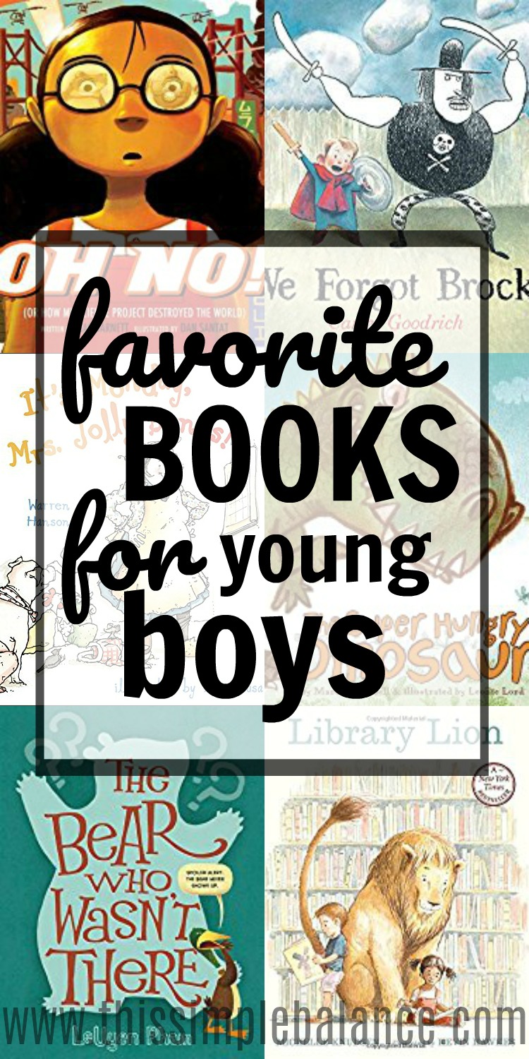 book covers from books in blog post, side by side, with text overlay, "favorite books for young boys"