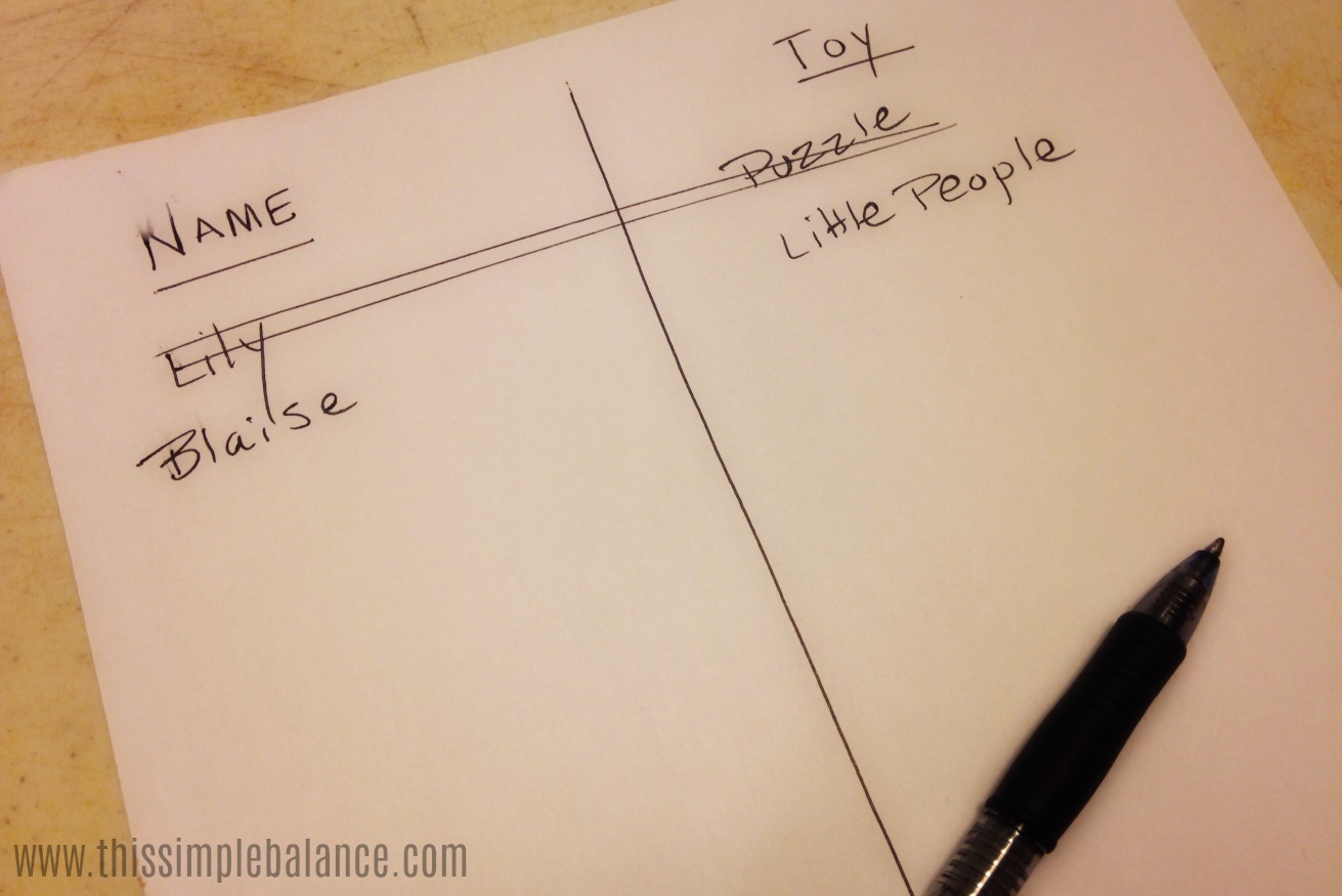 toy checkout system chart with columns title "Name" and "Toy", pen resting on paper