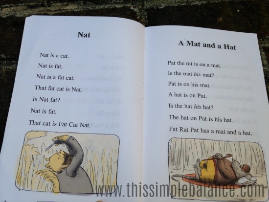 two pages from I Can Read It! books, short stories "Nat" and "A Mat and a Hat"