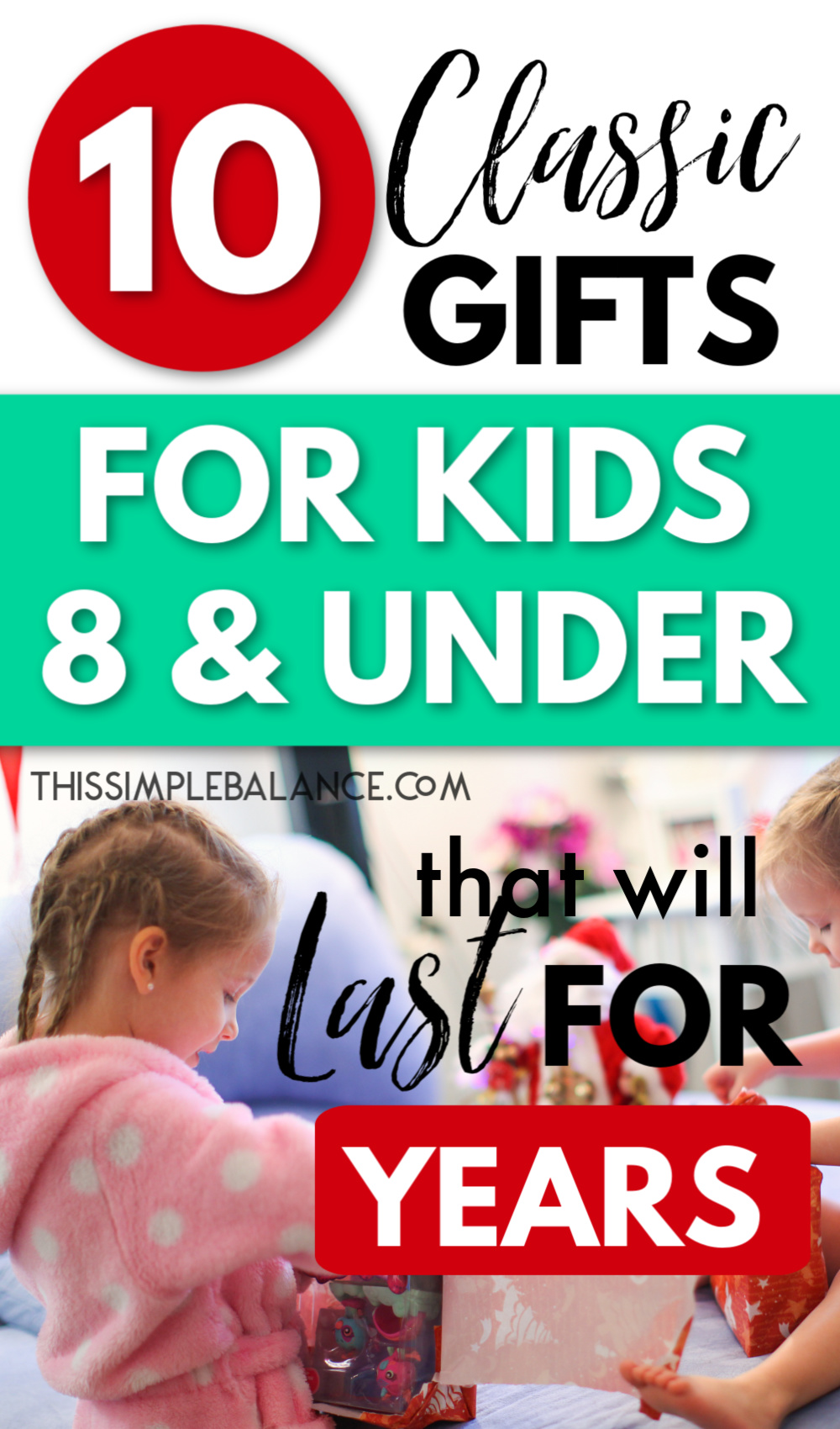 little girls in bathrobes opening presents on Christmas morning, with text overlay, "10 classic gifts for kids 8 & under"
