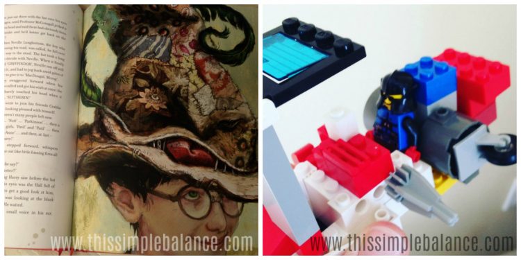 Harry Potter illustrated book page with Harry and the sorting hat, side by side with original LEGO creation