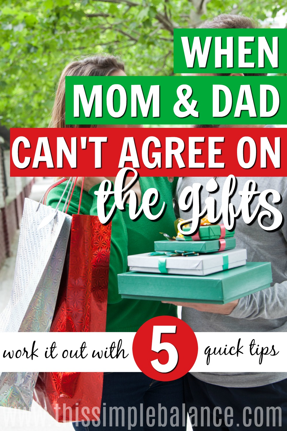 couple shopping for Christmas gifts for kids, with text overlay, "when mom & dad can't agree on the gifts - work it out with 5 quick tips?"