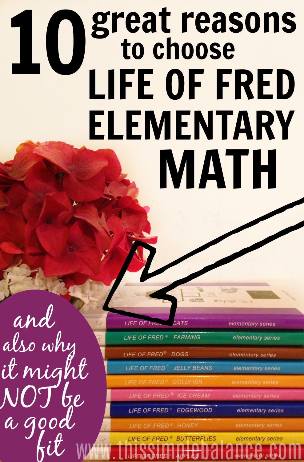 Elementary Life of Fred Math stacked near flower vase, with text overlay, "10 great reasons to choose life of fred elementary math and why it might not be a good fit"