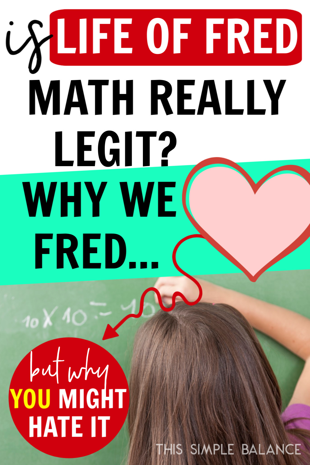 girl doing math problems on chalkboard, with text overlay, "If Life of Fred Math Really Legit? Why We Heart Fred, and Why You Might Hate It"