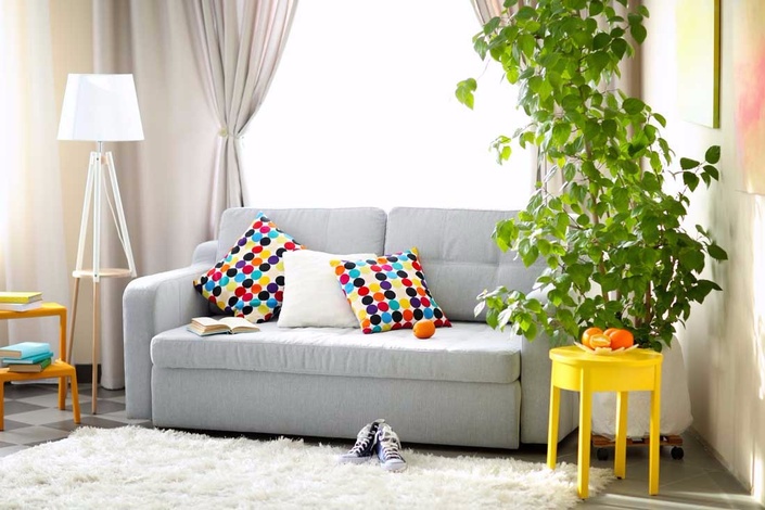 gray couch with colorful dot throw pillows, talk plant and tripod white lamp, yellow side table