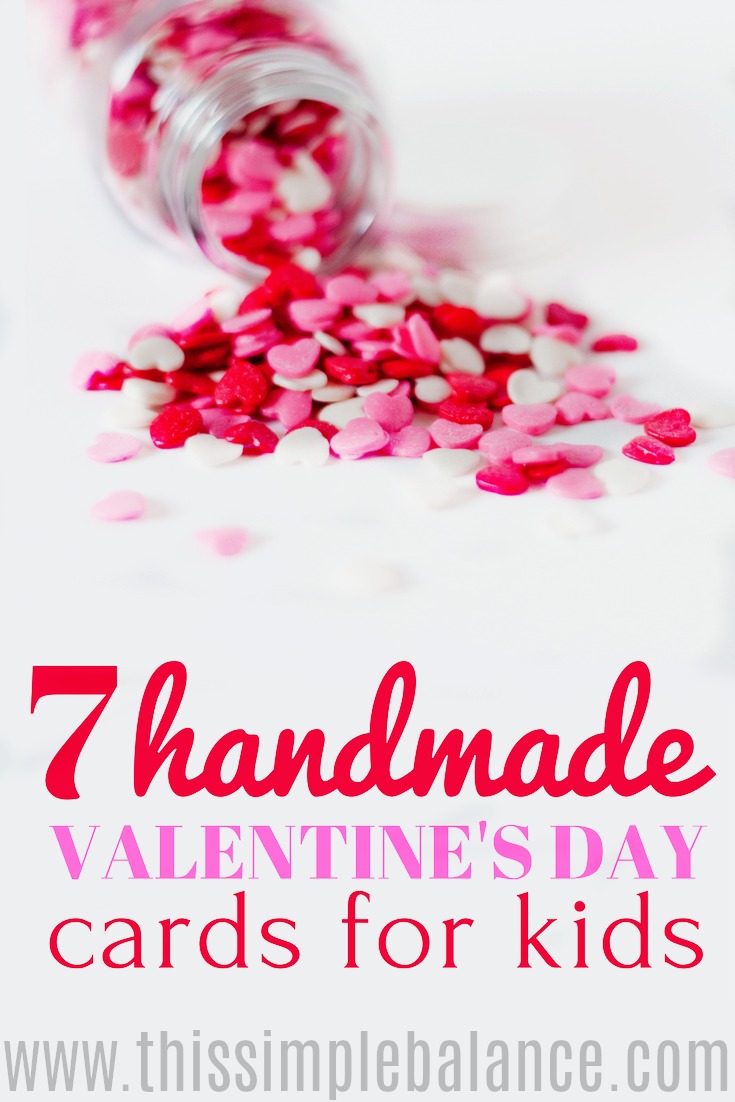 red, pink and white heart-shaped sprinkles spilling from bottle onto white counter, with text "7 handmade valentine's day cards for kids"