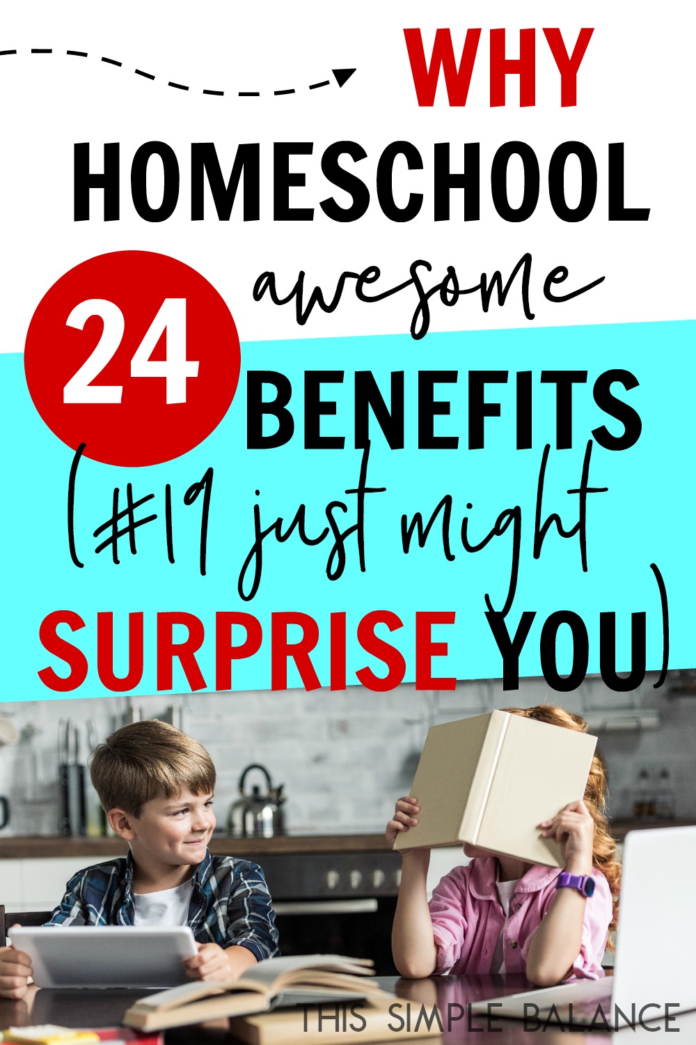 homeschooled kids sitting at kitchen table reading, with text overlay, "why homeschool - 24 awesome benefits (#19 just might surprise you)"