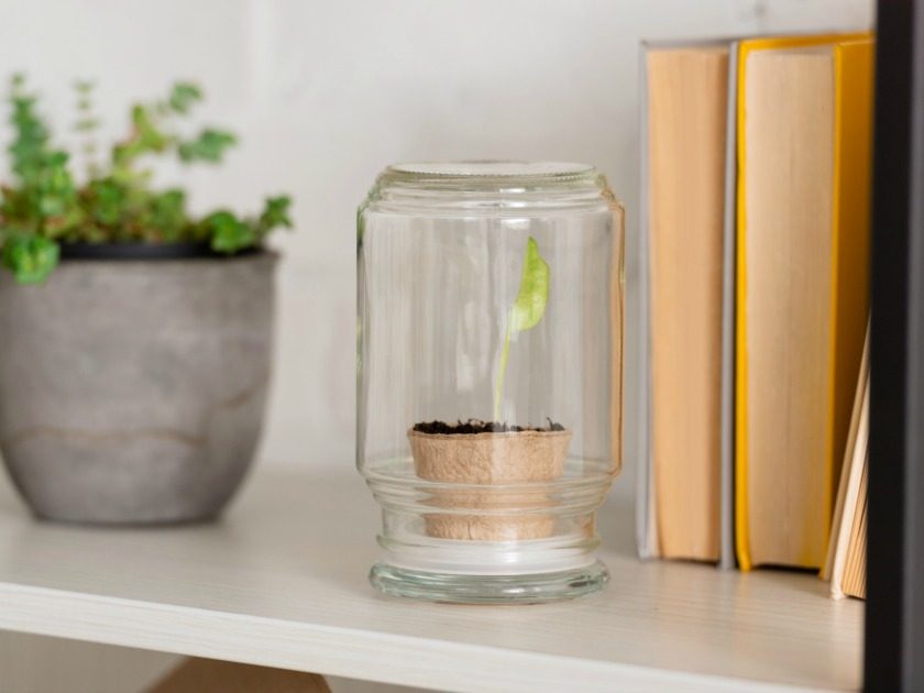 books on shelf, pages facing out, with plant and decorative glass jar with baby plant