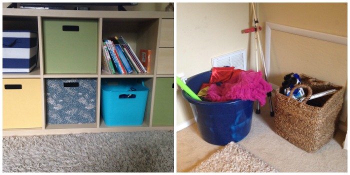 homeschool play room, toys stored and organized in baskets and bins