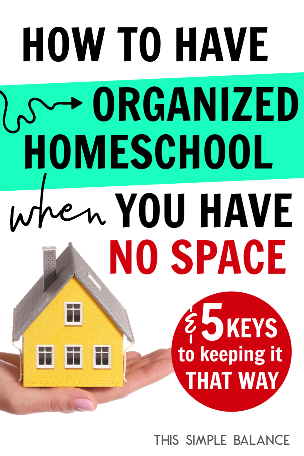 miniature house in palm of hand, with text, "how to have an organized homeschool when you have no space & 5 keys to keeping it that way"
