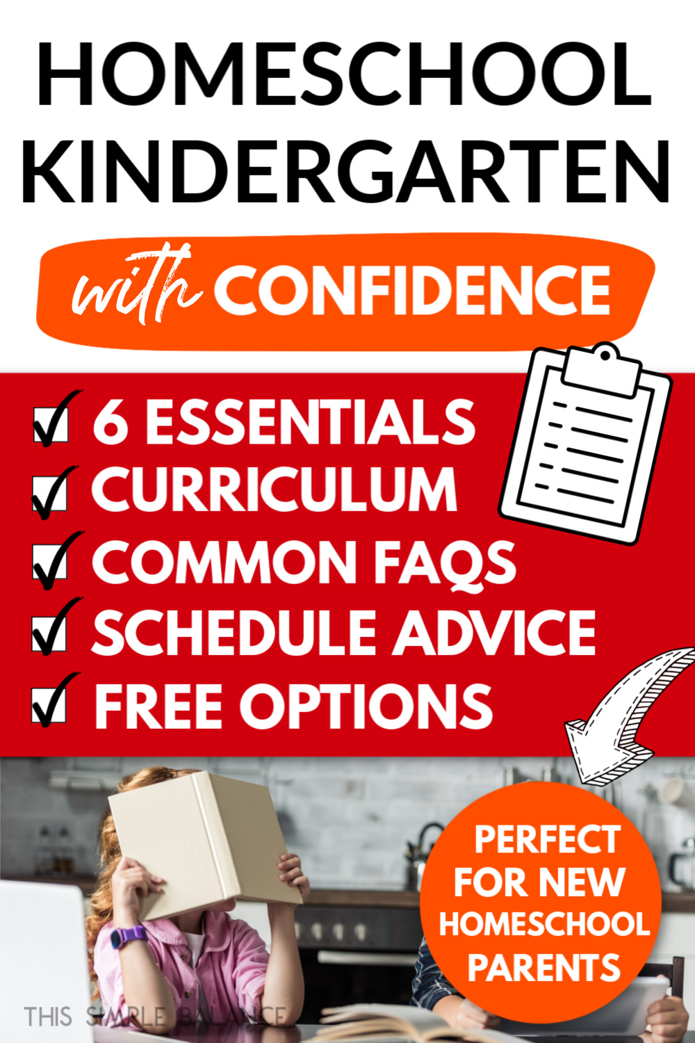 kindergarten student during homeschool with book in front of face, with text overlay "homeschool kindergarten with confidence", checklist what what is included in blog post