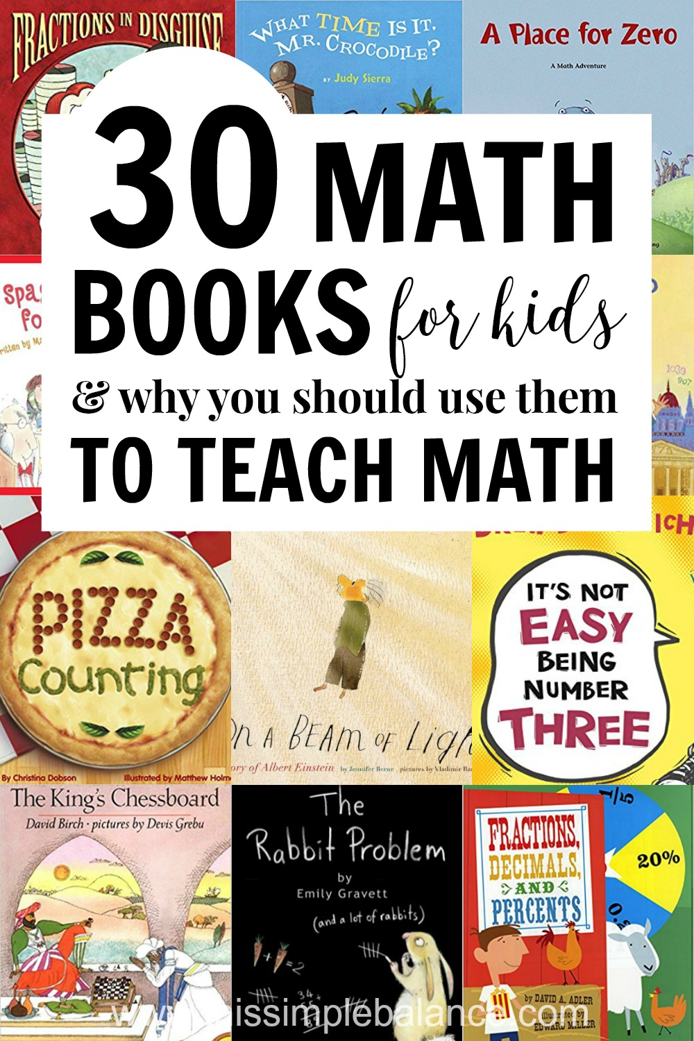 math picture books covers side by side in graphic, with text overlay, "30 math books for kids & why you should use them to teach math"