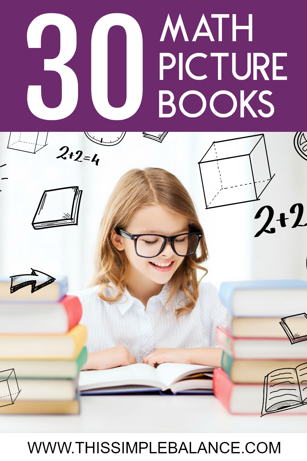 girl doing math with books and math problems all around, with text overlay, "30 math picture books"