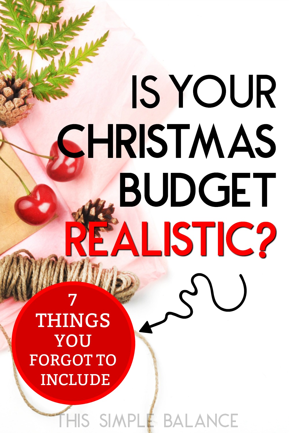 twine, pink tissue paper, red cherries, pine cones and green sprig of parsley, with text overlay, "is your christmas budget realistic? 7 things you forgot to include"