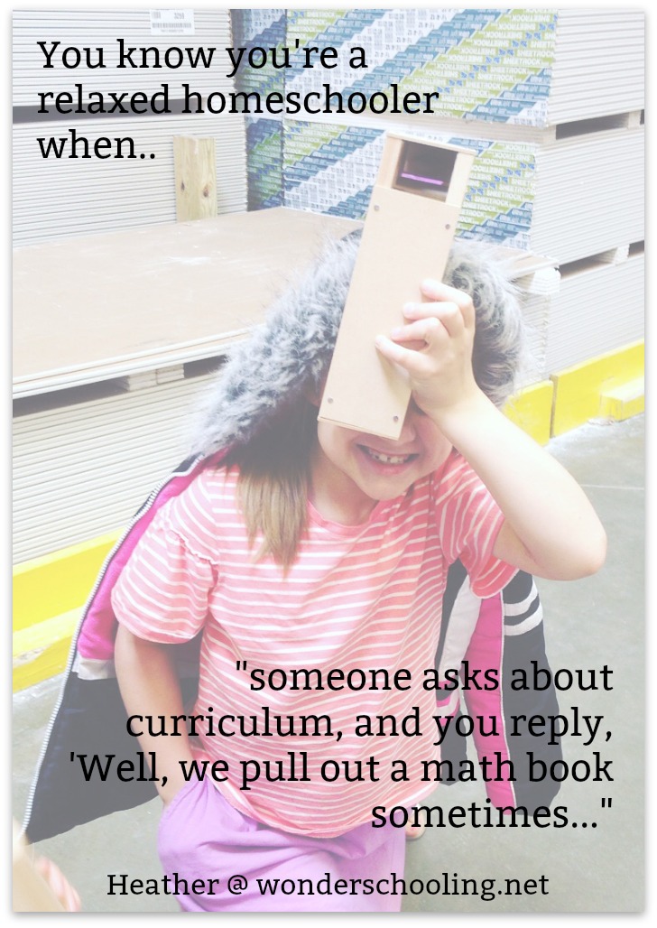 girl looking through viewfinder in store with wood, with text overlay, "You know you're a relaxed homeschooler when someone asks about curriculum, and you replay, 'Well, we pull out a math book sometimes..."