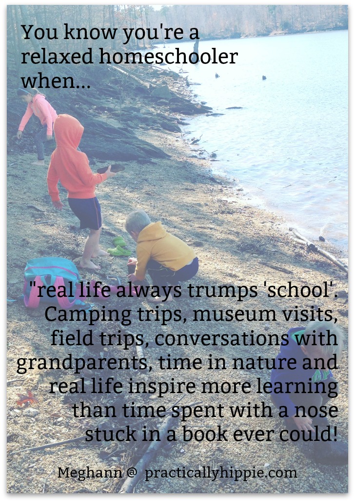 small children playing on beach near lake, with text overlay, "You know you're a relaxed homeschooler when real life always trumps 'school'. Camping trips, museum visits, field trips, conversations with grandparents, time in nature and real life inspire more learning than time spent with a nose stuck in a book ever could!"