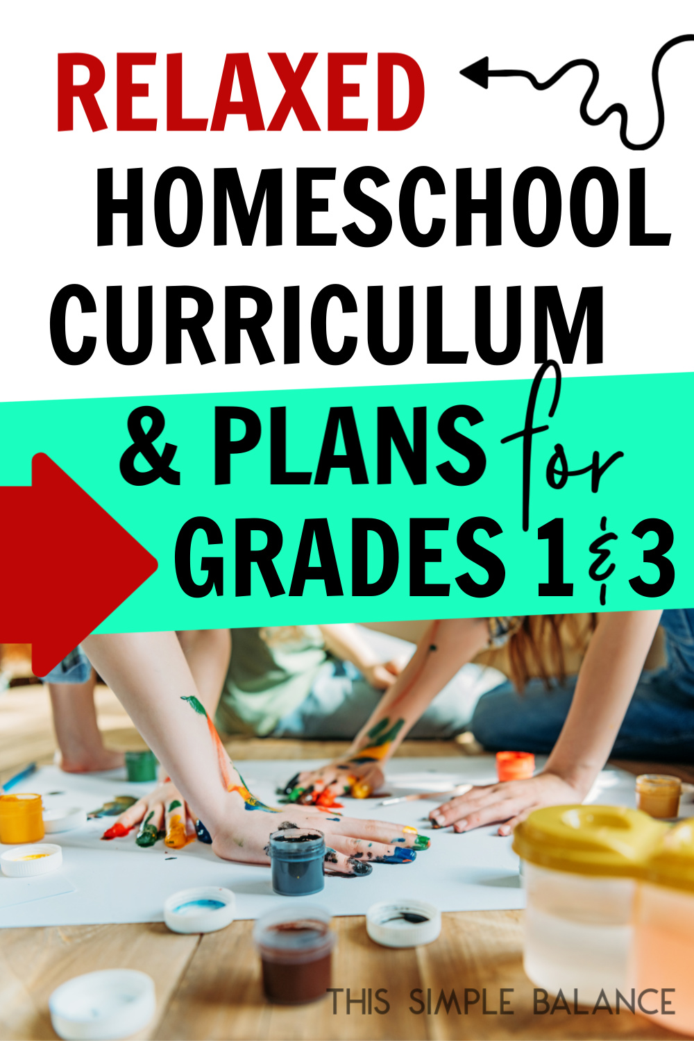 homeschooled kids finger painting on the white paper on the floor, with text overlay, "Relaxed Homeschool Curriculum & Plans for Grades 1 & 3"