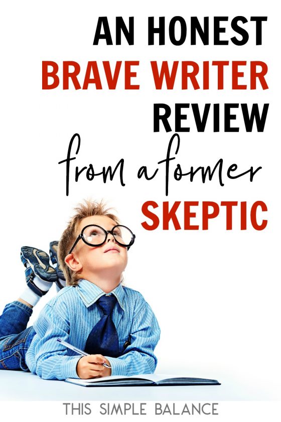 young boy in dress shirt, tie and glasses lying on the floor on his stomach writing in notebook, with text overlay, "an honest brave write review from a former skeptic"