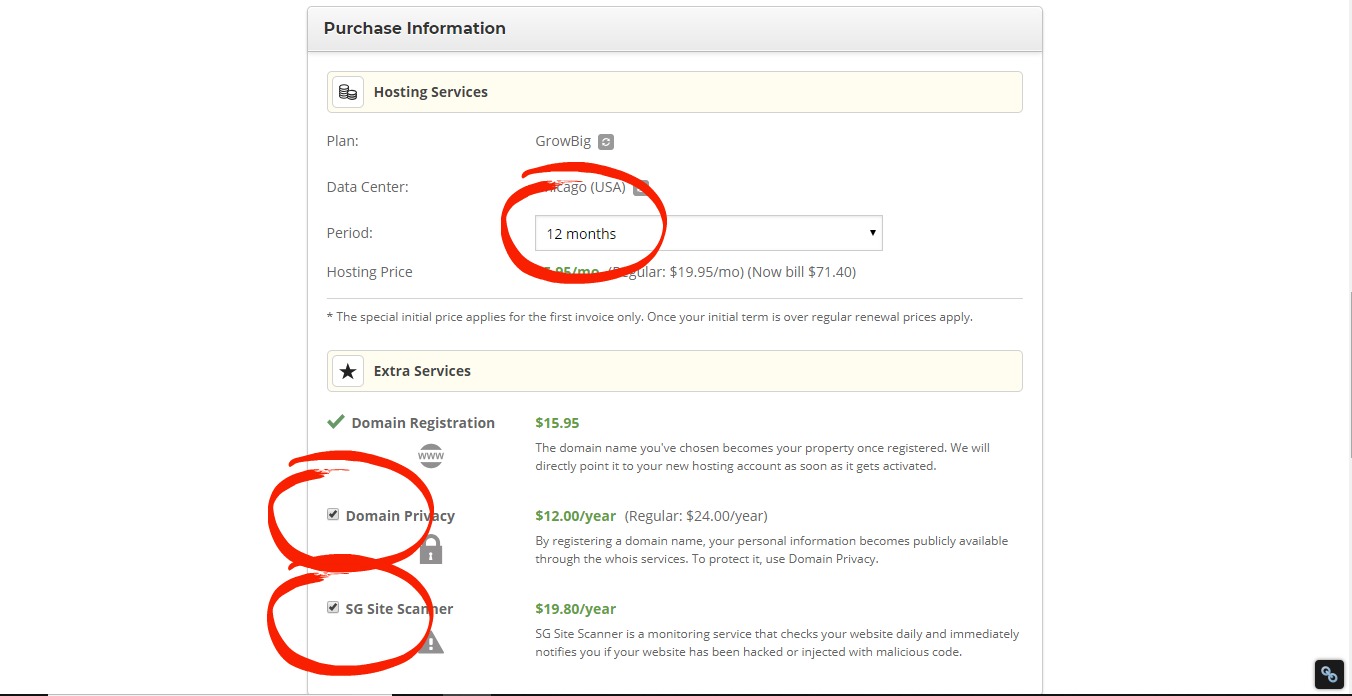 screen shot of purchase information included period of time purchased for hosting and domain privacy and sg site scanner circled and checked