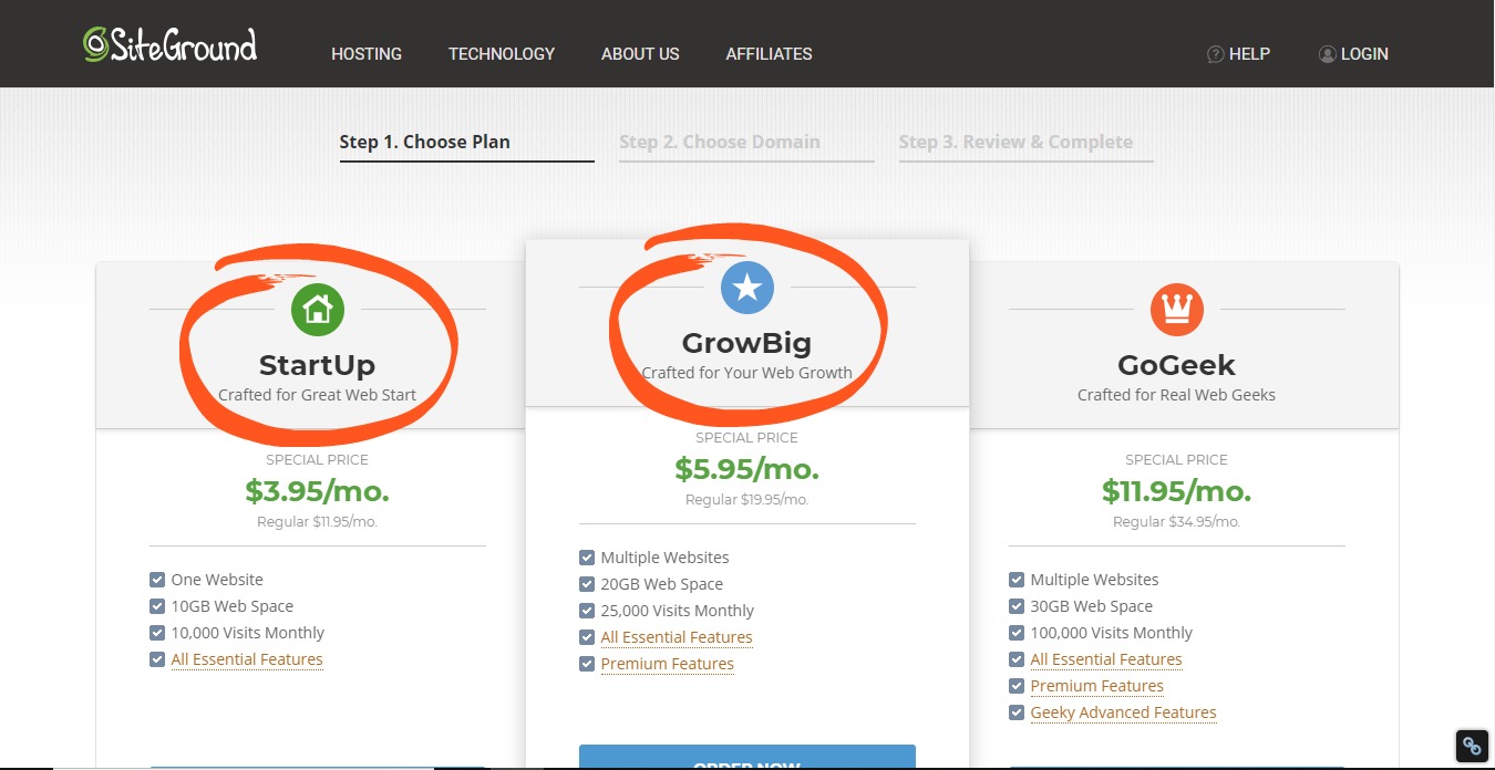 screen shot of siteground's three website hosting options with startup and growbig circled in orange, prices listed below each option