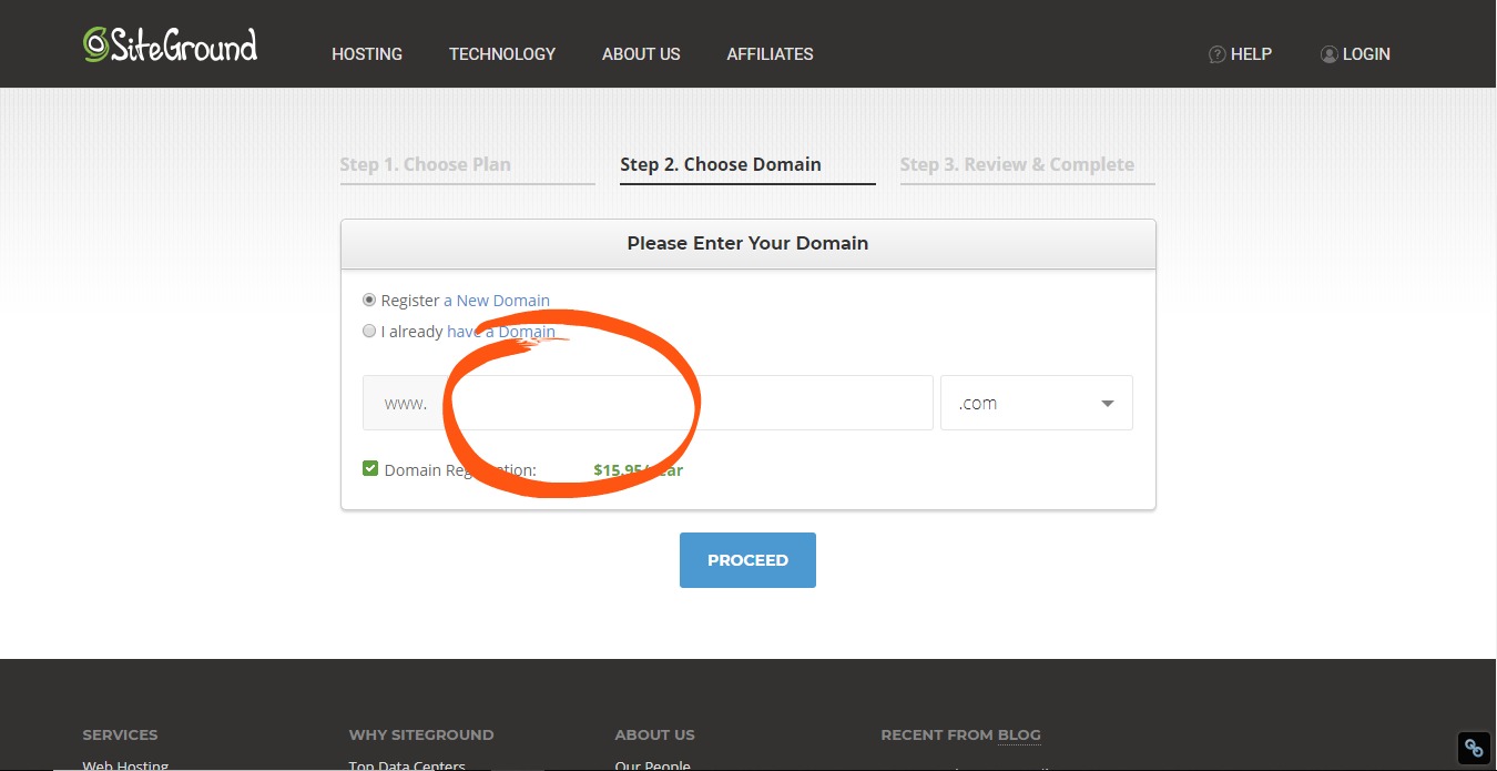 siteground screenshot step #2 "register a new doman" with space for domain name circle in orange