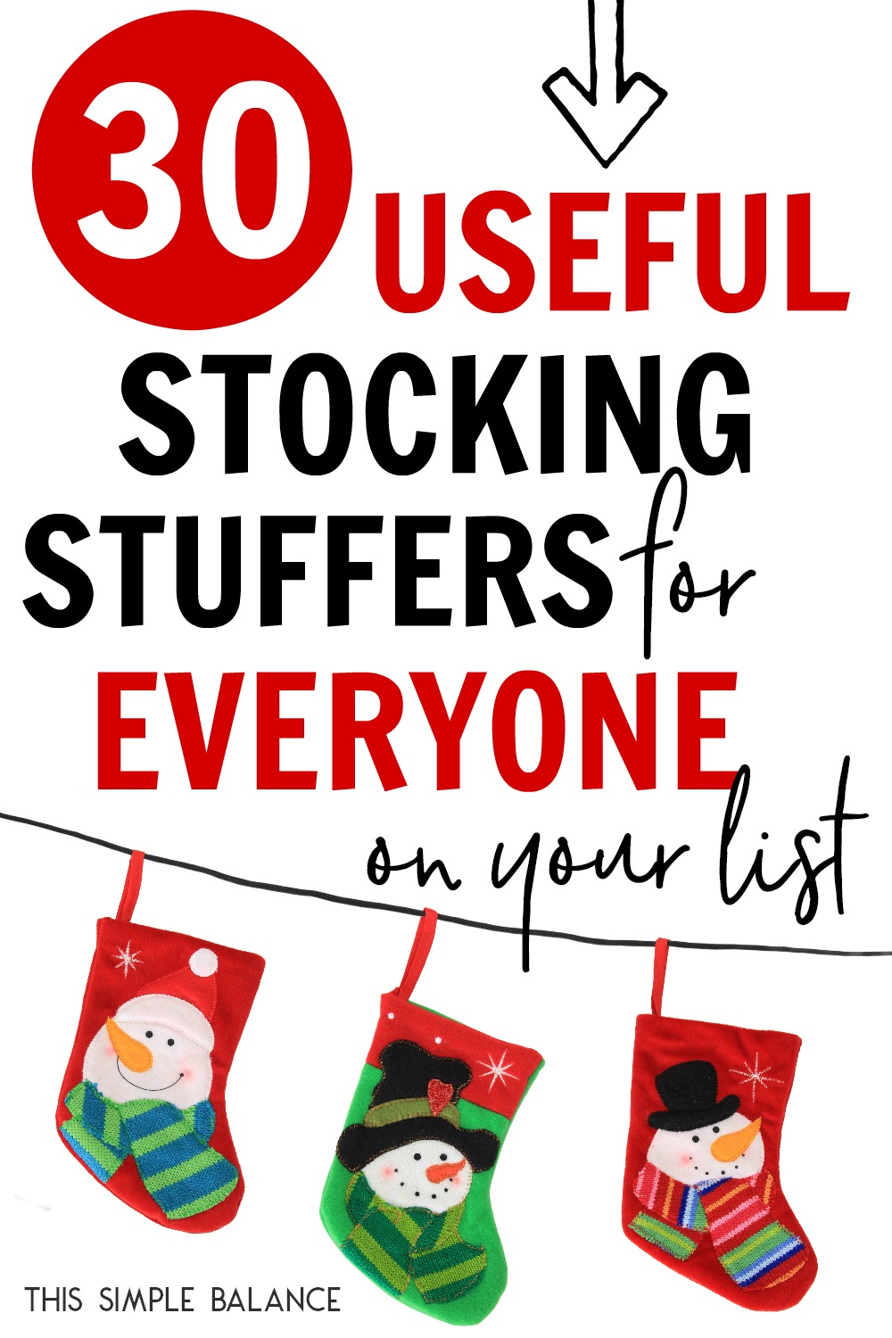 three red snowman stockings hung on a line, with text overlay, "30 Useful Stocking Stuffers for Everyone On Your List"