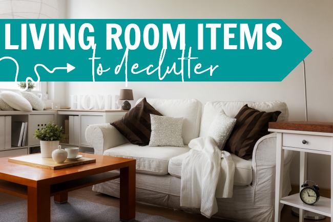 living room sofa, side table and coffee table, with text "living room items to declutter"