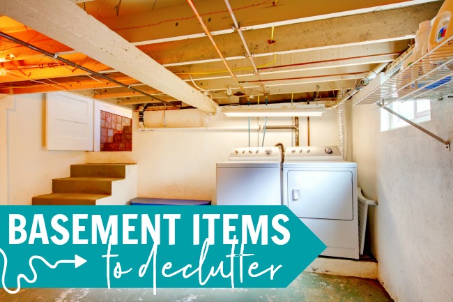 unfinished basement with washer and dryer, with text "basement items to declutter"