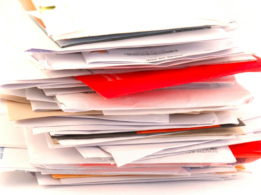 messy stack of white and red papers