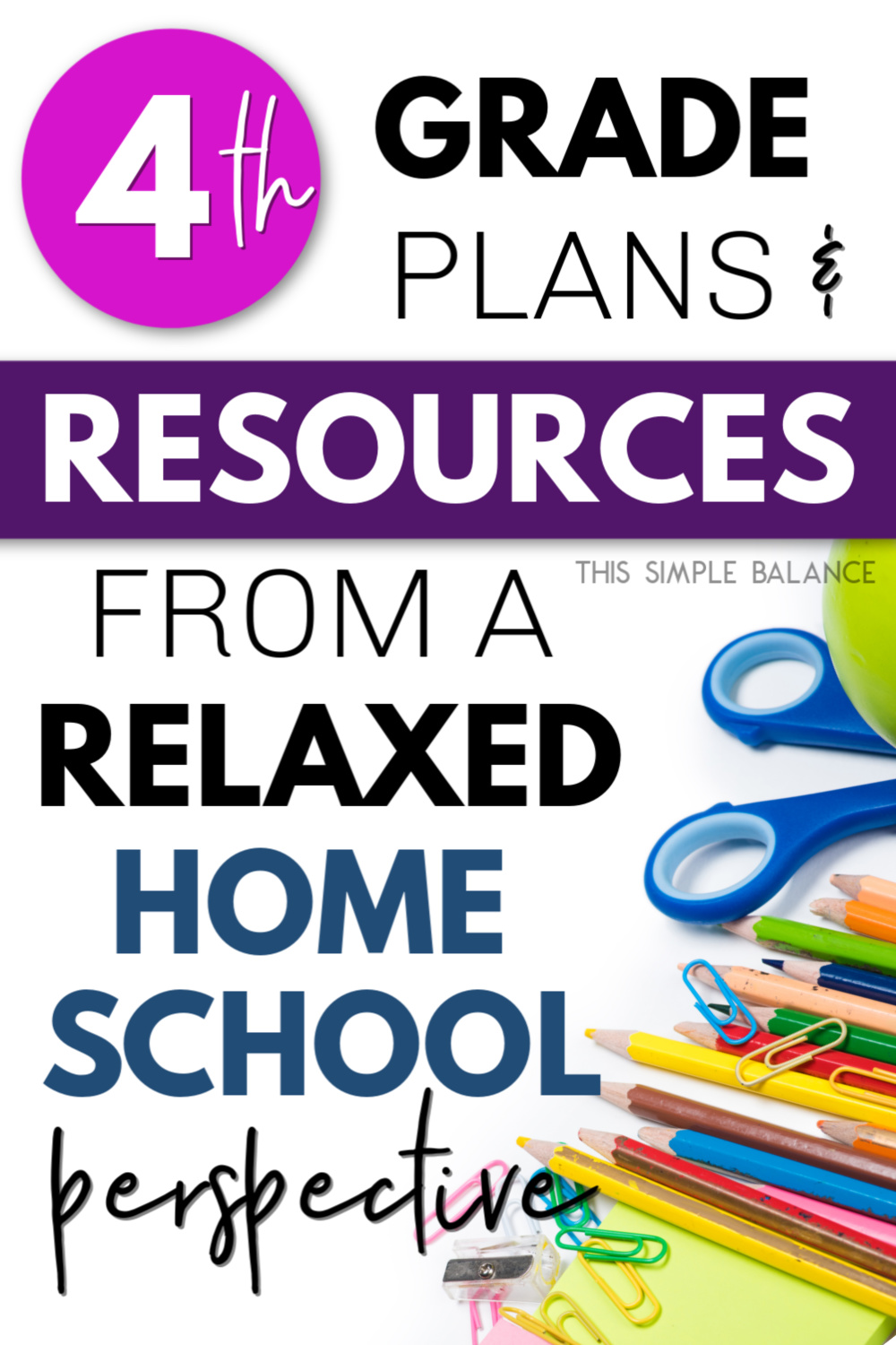 homeschool supplies - pencils, scissors, and post-its with overlay "4th grade plans and resources"