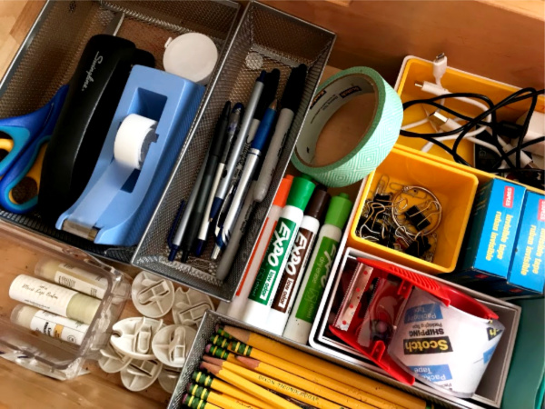 office supplies organized in a drawer