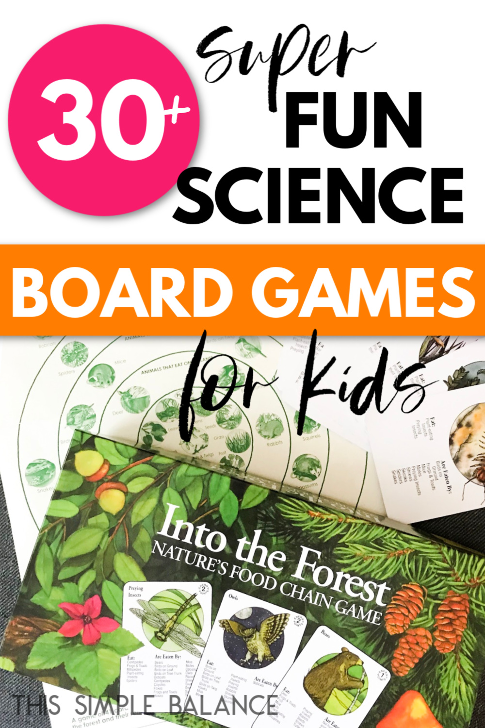 into the forest science game with text overlay, "30+ super fun science board games for kids"