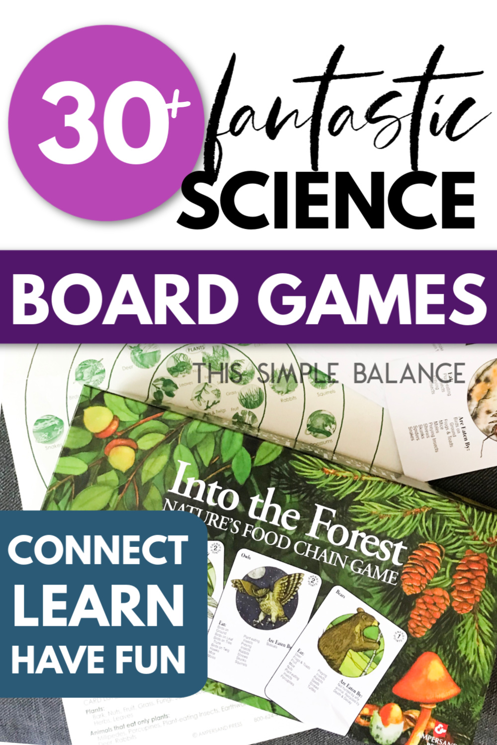 picture of science game with text overlay, "30+ fantastic science board games - connect, learn, have fun"