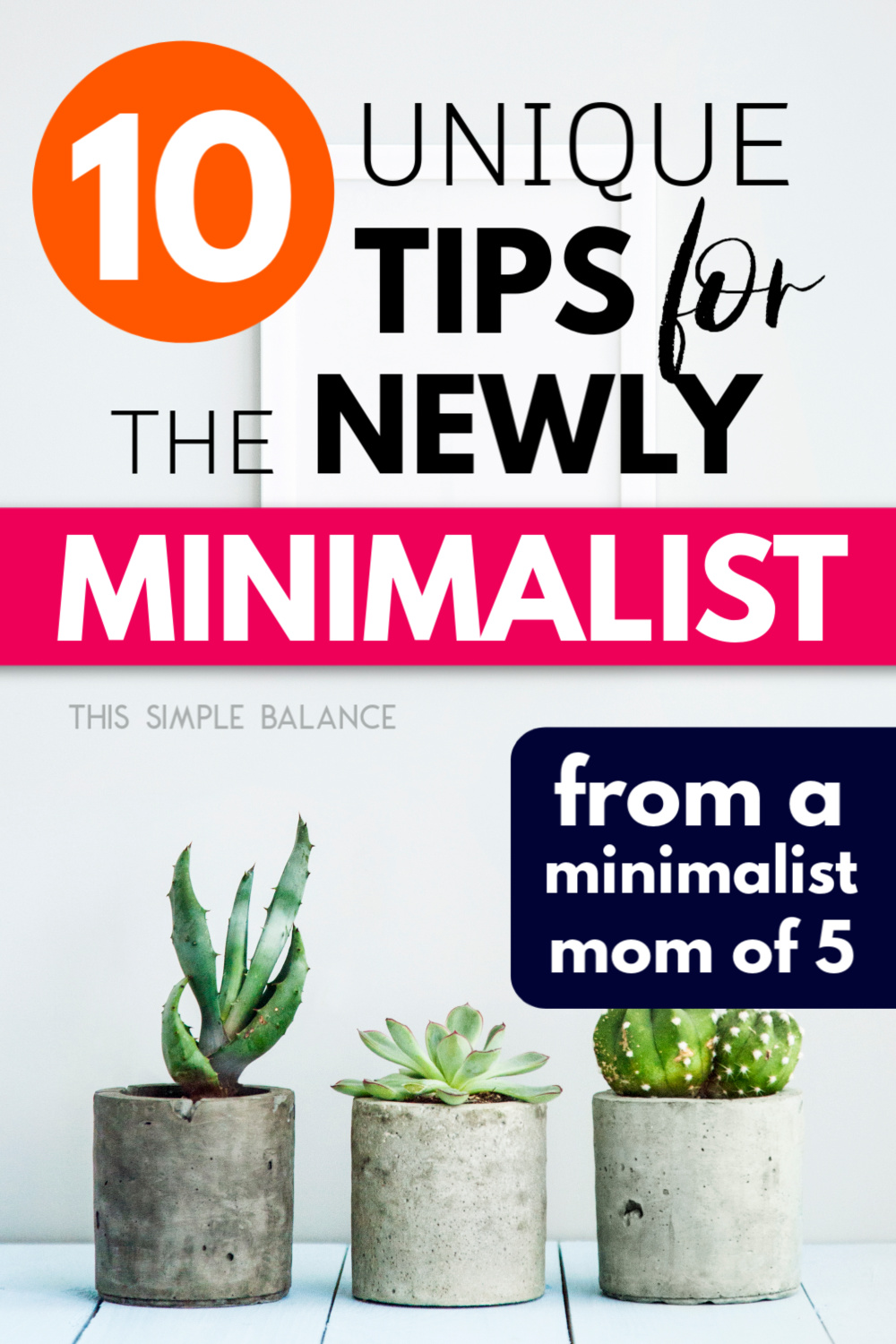 three succulents in concrete planter pots with text overlay, "10 unique tips for the newly minimalist from a minimalist mom of 5"
