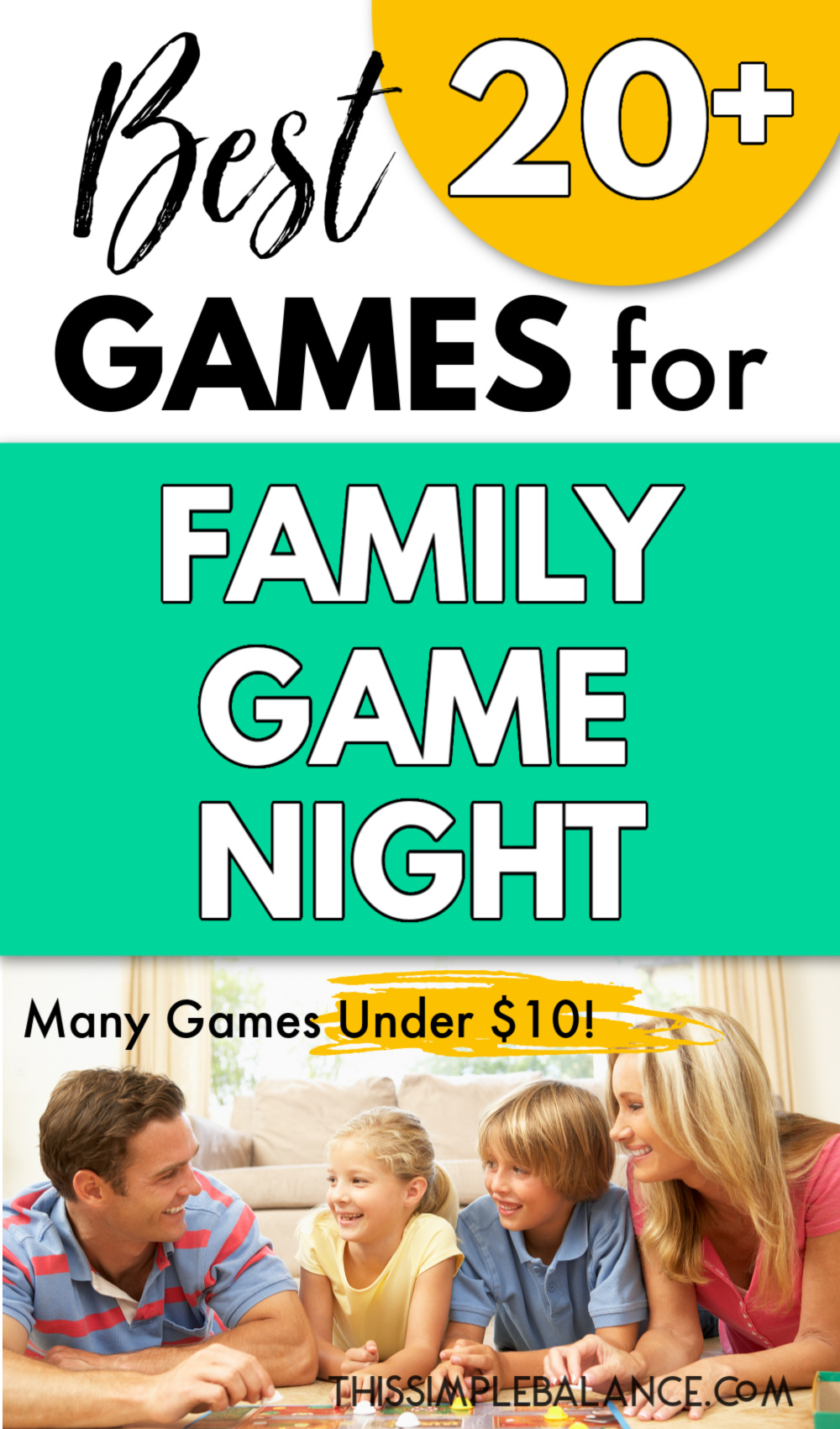 family playing games together on family game night, with text overlay, "best 20+ games for family game night - many games under $10"