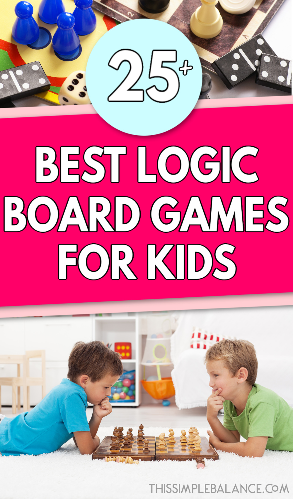 two young boys playing chess on white carpet, with text overlay, "25+ best logic board games for kids"