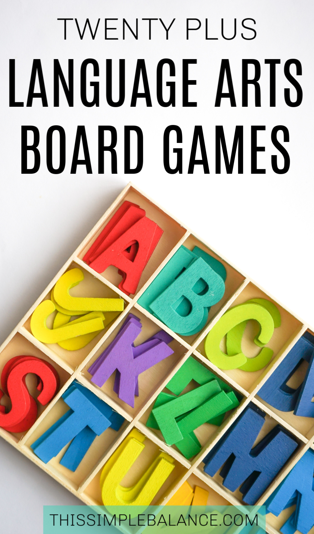 box full of organized colorful letters, with text overlay, "twenty plus language arts board games"