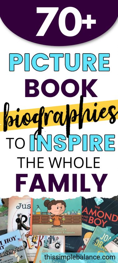 covers of picture book biographies mixed together with text overlay, "70+ picture book biographies to inspire the whole family"