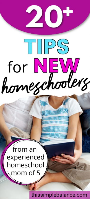 child reading book on bed with text overlay, "20+ tips for new homeschoolers - from an experienced homeschool mom of 5"