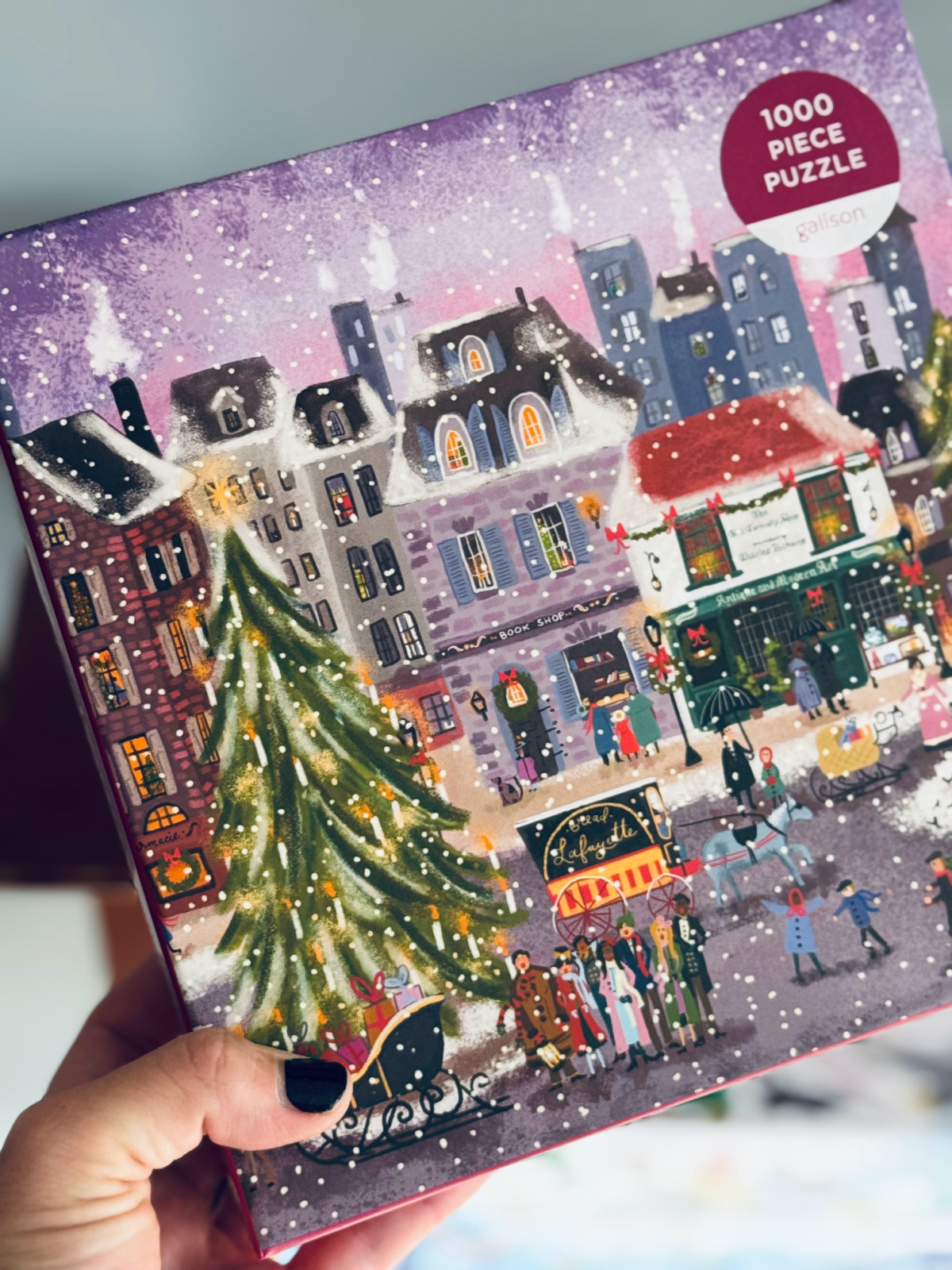 Galison Christmas Square jigsaw puzzle cover in focus.