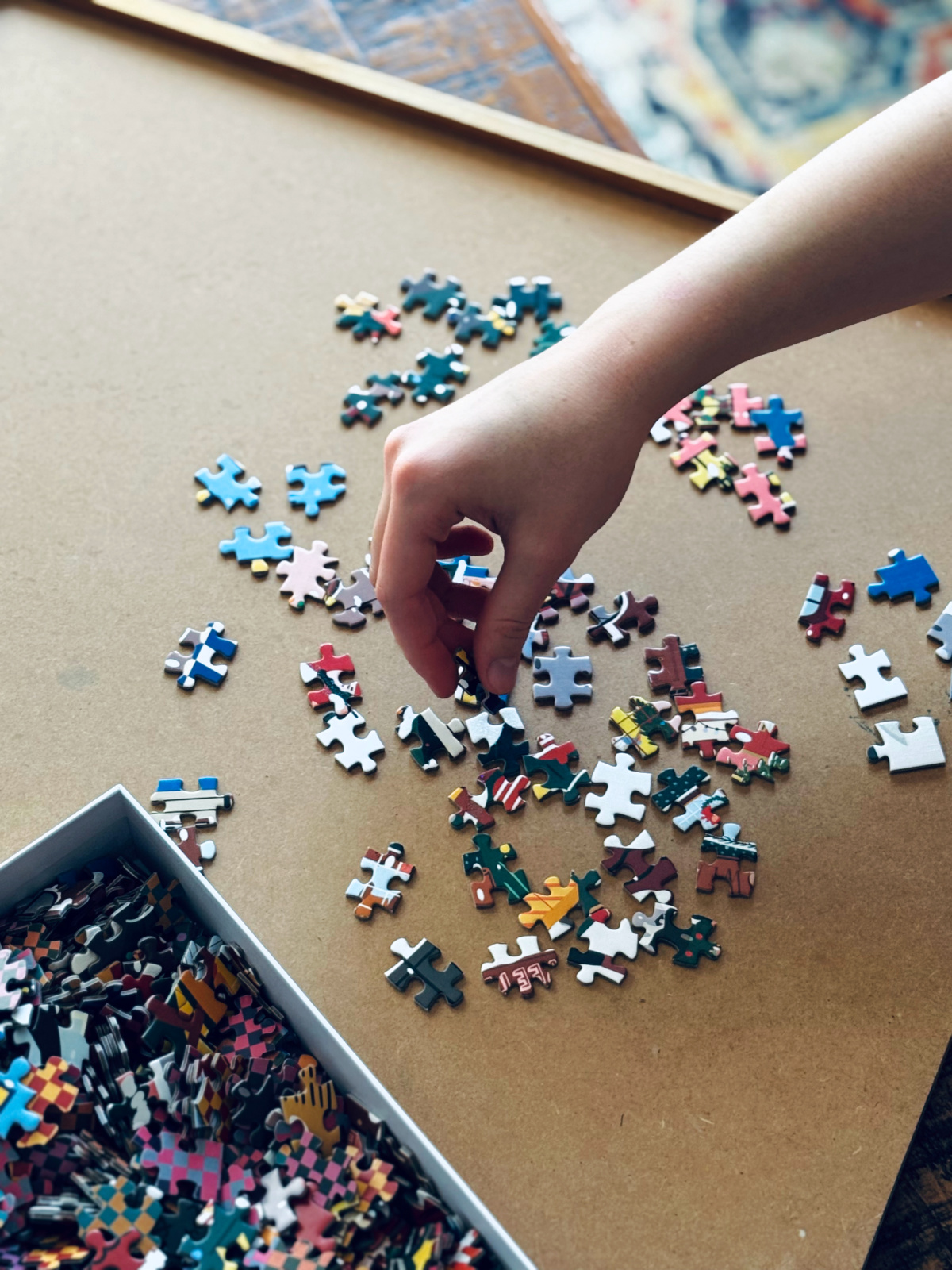 sorting Christmas puzzle pieces from box to puzzle board.