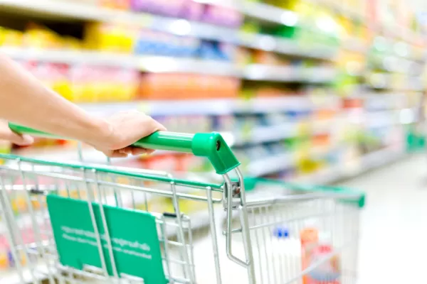 hands pushing green grocery cart through grocery store